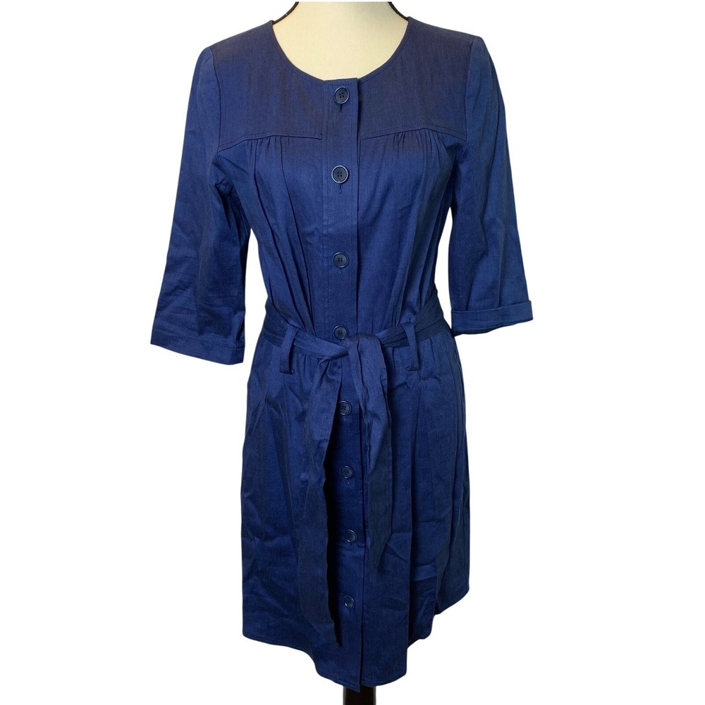 Trina Turk Women's Tie Waist Mini Dress Blue Linen Blend Button Front‎ Belted